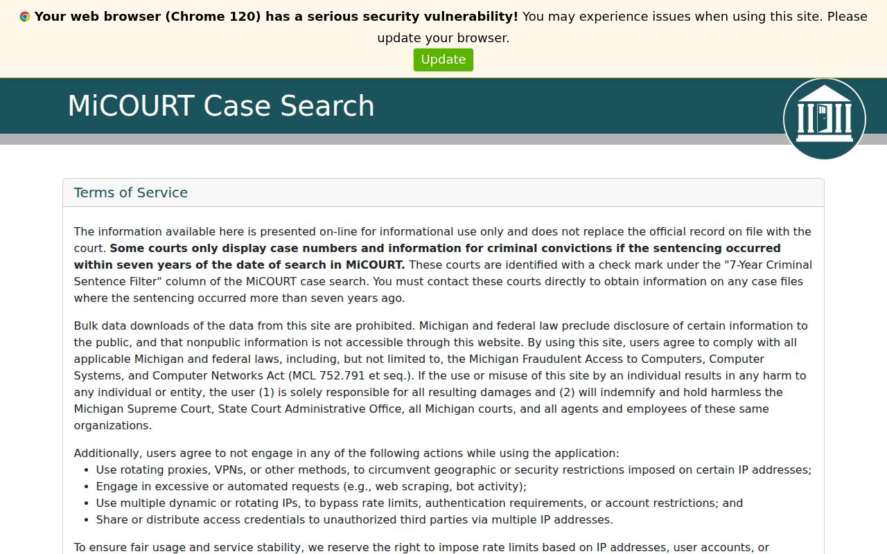 Gratiot County warrant lookup starting point on the Michigan MiCOURT public case search