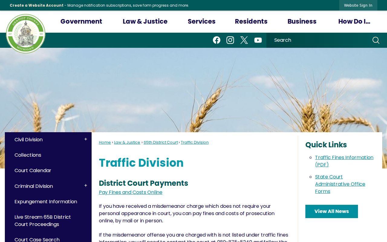 Gratiot County traffic warrant search steps shown on the 65B Traffic Division page