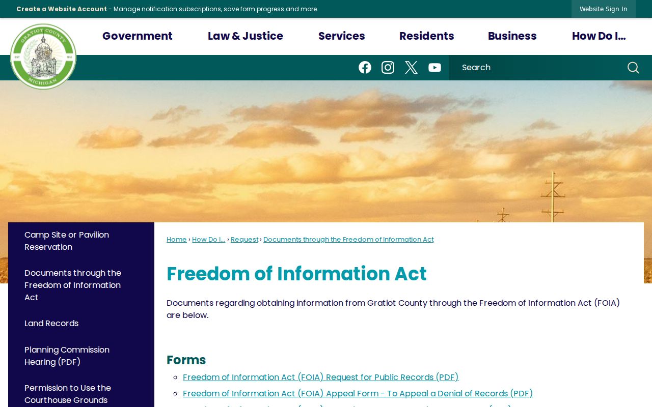 Gratiot County bench warrant records request route shown on the county FOIA page