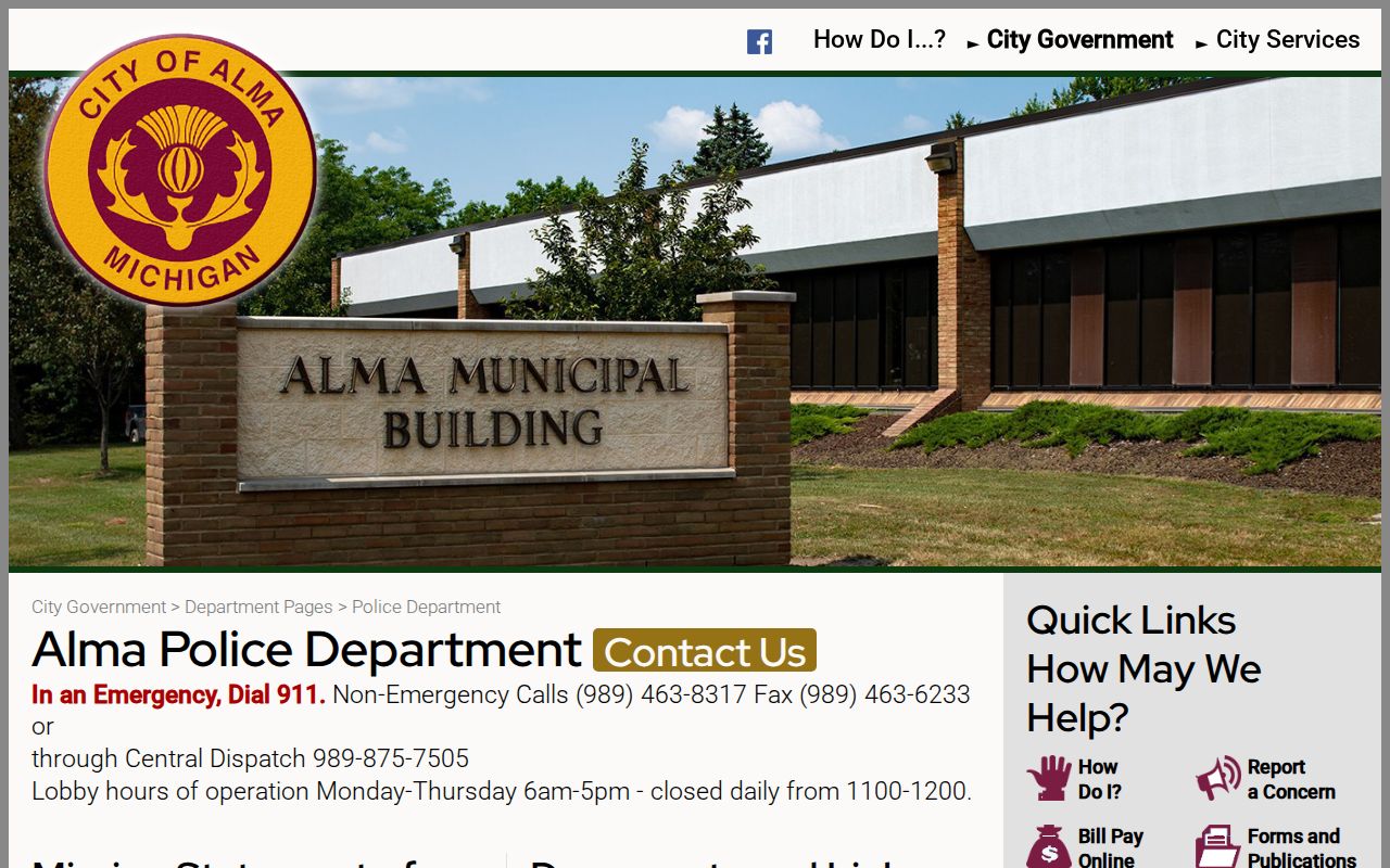 Alma warrant search contacts listed on the Alma Police Department page